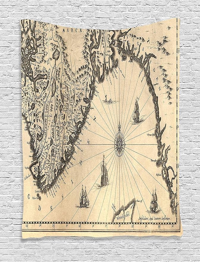 Ambesonne World Map Tapestry, Map of Southern Part of The Norway Vikings World Old Scandinavian Land, Wall Hanging for Bedroom Living Room Dorm, 60" X 80", Cream Grey