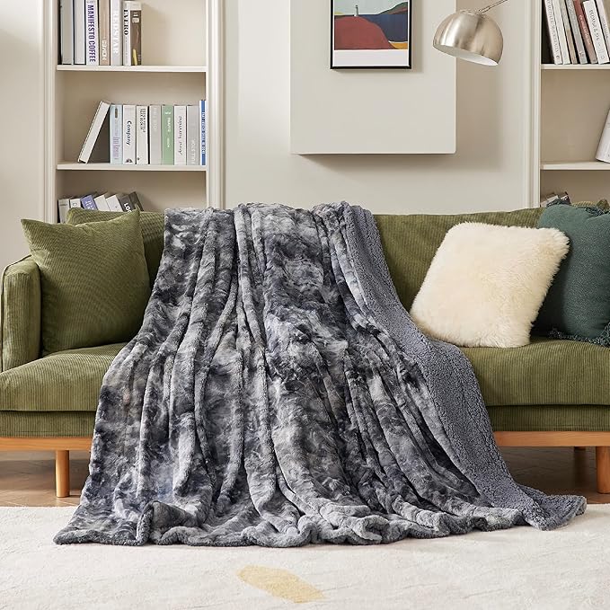 Bedsure GentleSoft Sherpa Fluffy Blanket Queen Size for Bed - Fleece Warm and Cozy for Women Gift, Plush & Fuzzy Faux Fur Christmas Blanket for Couch, Sofa Decor, Tie Dye Design, Grey, 90x90 Inches