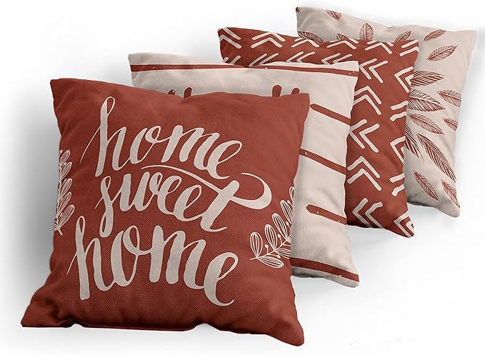 Ambesonne Modern Throw Pillow Cushion Case Pack of 4, Scandinavian Minimal Ornaments Boho Feather Leaves and Home Phrase Print, Modern Accent Double-Sided Digital Printing, 16", Pale Tan and Dark Rust