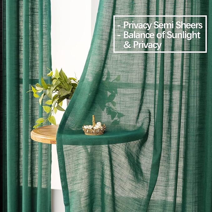 Emerald Green Curtains Semi Sheer 96 Inches Long, Dark Linen Textured Light Filtering Drapes for Living Room Dining, Hunter Green Window Decor, Pinch Pleat Curtain with Hooks