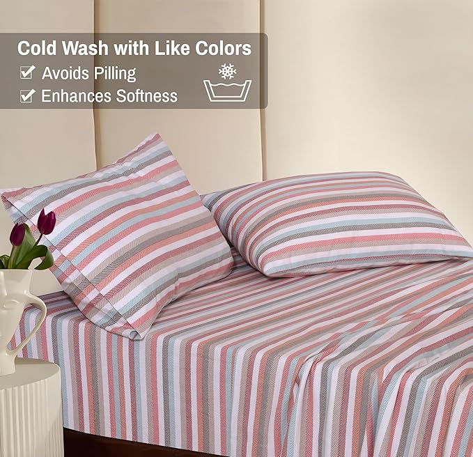 RUVANTI Flannel Sheets King Size - 100% Cotton Brushed King Size Sheets Set - Deep Pockets 16 Inches Bed Sheets - All Seasons Breathable & Extra Soft - Warm & Cozy, 4 Piece, Multi Chevron Stripe