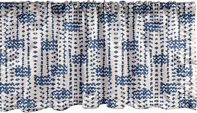 Ambesonne Ethnic Window Valance Pack of 2, Messy Waves and Small Triangles Indonesian Traditional Pattern Watercolors, Rod Pocket Curtain Valances for Kitchen Bedroom, 54" X 12", Navy Blue and Cream