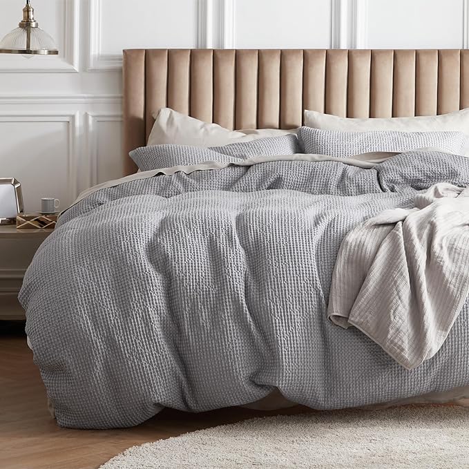 Bedsure Cotton Duvet Cover Queen - 100% Cotton Waffle Weave Grey Duvet Cover Queen Size, GentleSoft™ and Breathable Bedding Set for All Season, 3 Pieces, 90"x90"