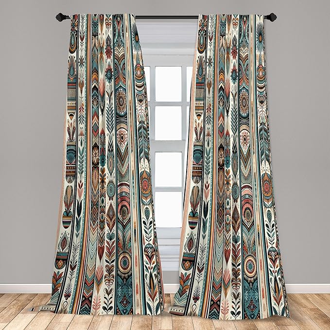 Ambesonne Ethnic Curtains, Folkloric Style Floral Ornaments with Bohemian Oriental Motifs as Stripes, Window Treatments 2 Panel Set for Living Room Bedroom, Pair of - 28" x 63", Teal Coral and Orange