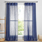 RYB HOME Semi Sheer Curtains - Linen Textured Sheer Light Glare Filter Extra Long Curtains Backdrop for Living Room Patio Door French Door Wall Decor, Navy Blue, 52 x 120 in per Panel, 1 Pair