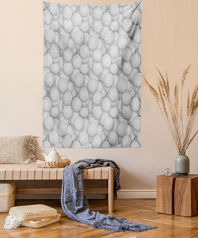 Lunarable Volleyball Tapestry Twin Size, 3 Dimensional White Balls Sports Equipment Digital Composition Team Event, Wall Hanging Bedspread Bed Cover Wall Decor, Twin Size, Grey