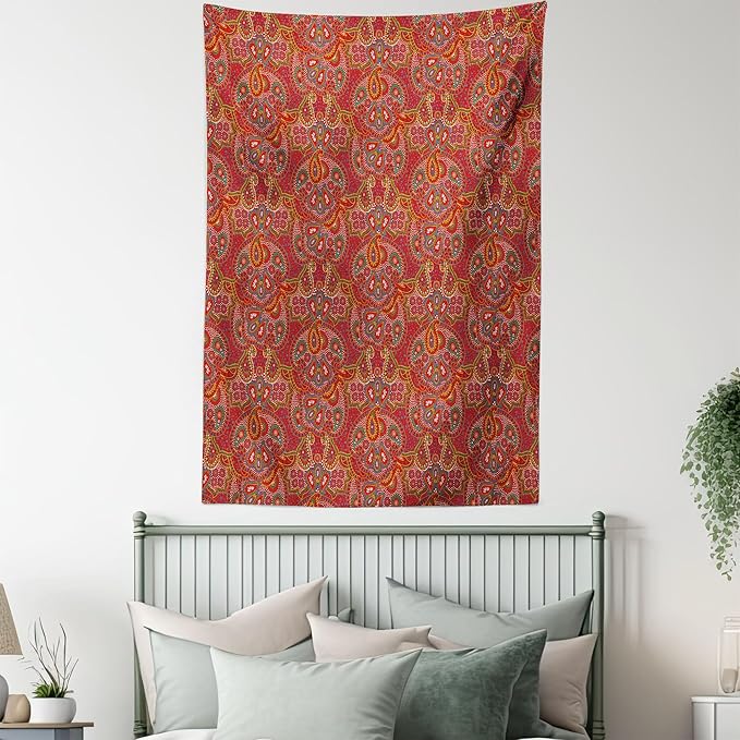 Lunarable Paisley Tapestry Twin Size, Vibrant Colored Pattern with Various Oriental Design Elements Boho Influence, Wall Hanging Bedspread Bed Cover Wall Decor, Twin Size, Ruby, 68" Width x 88" Length