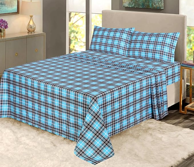 RUVANTI Flannel Sheets Full Size - 100% Cotton Double Brushed Bed Sheets Set, Deep Pockets 16 Inches, All Seasons Breathable & Extra Soft Full Sheets, Warm & Cozy, 4 Piece, Teal Plaid