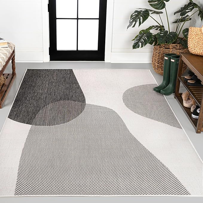 JONATHAN Y Geometric Organic Shapes Indoor Outdoor Area Rug 4X6 Cream/Black, Zia Modern for Backyard, Patio, Porch, Easy-Cleaning, High Traffic, Pet-Friendly, Non-Shedding (TSN306A-4)