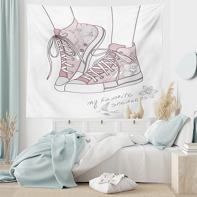 Lunarable Cartoon Tapestry King Size, Shoes with Floral Pattern Teenage Girls Sneakers Flowers Birds Retro Urban, Wall Hanging Bedspread Bed Cover Wall Decor, King Size, Rose White