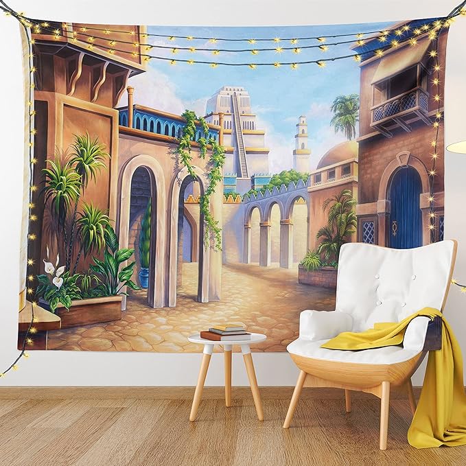 Lunarable City Tapestry King Size, Babylon City Gardens Architecture 7 Wonders of the World, Wall Hanging Bedspread Bed Cover Wall Decor, 104" X 88", Caramel Green