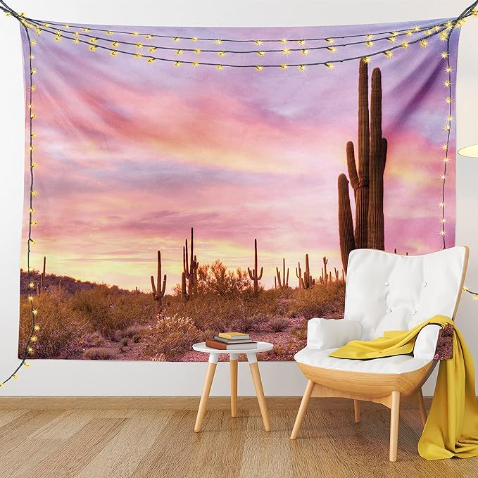 Ambesonne Saguaro Tapestry, Saguaros Wilderness Nature Ecosystem Sun Rays Clouds Scenic Picture, Wide Wall Hanging for Bedroom Living Room Dorm, 80" X 60", Lilac Pale Pink Green