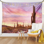 Ambesonne Saguaro Tapestry, Saguaros Wilderness Nature Ecosystem Sun Rays Clouds Scenic Picture, Wide Wall Hanging for Bedroom Living Room Dorm, 80" X 60", Lilac Pale Pink Green