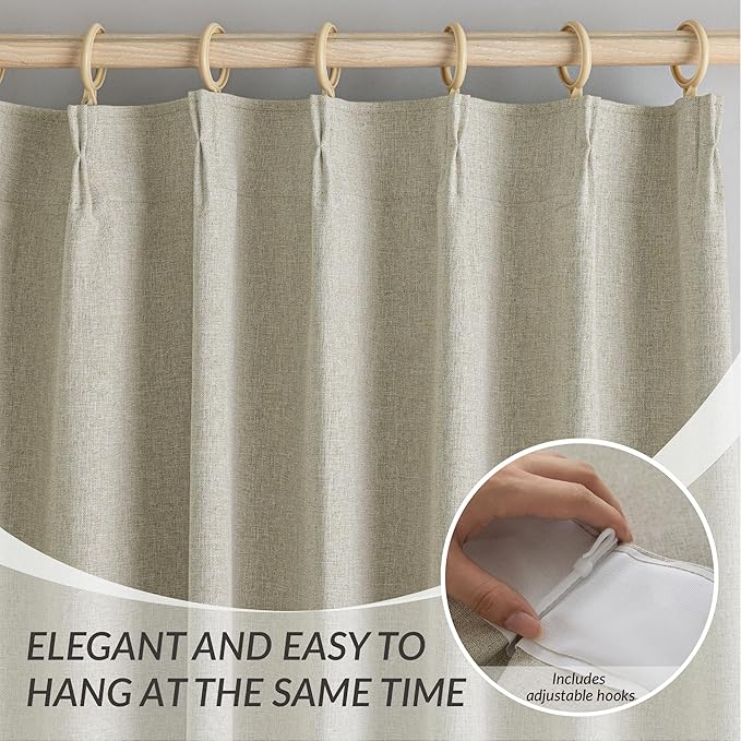 KangBang Pinch Pleated Blackout Curtains 108 Inches Long 2 Panels Set, Pinch Pleat Linen Curtains for Living Room with Adjustable Hooks, Elegant Modern Window Panels for Villa, Linen Color,42Wx108L
