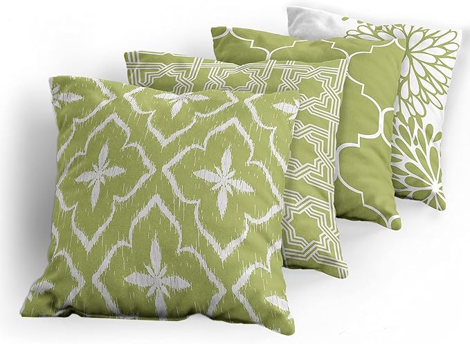 Ambesonne Vintage Throw Pillow Cushion Case Pack of 4, Monochrome Design Grid Trellis Quatrefoil Mesh and Dahlia Flowers Modern, Modern Accent Double-Sided Digital Printing, 24", Olive Green