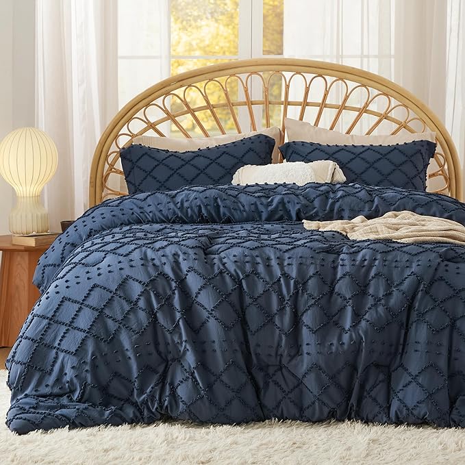 Bedsure California King Comforter Set - Navy Blue Comforter, Boho Tufted Shabby Chic Bedding for Kids, 3 Pieces Vintage Farmhouse Bed Set for All Seasons, Fluffy Soft Bedding with 2 Pillow Shams