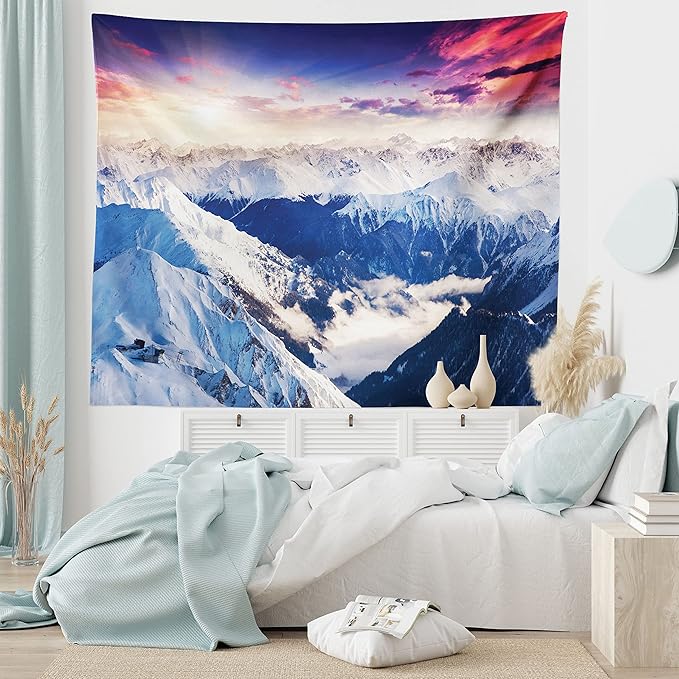 Ambesonne Europe Tapestry, Mountain Peak Snowy Winter Colorful Sky Sunbeams Adventure Austria, Wide Wall Hanging for Bedroom Living Room Dorm, 80" X 60", Coral Night