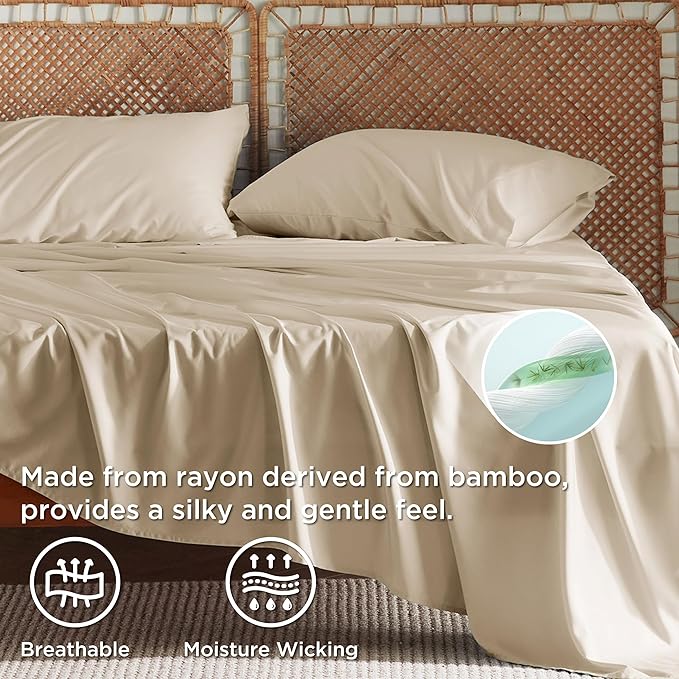 Bedsure Full Size Bed Sheets, Cooling Sheets, Rayon Derived from Bamboo, Breathable & Soft, Deep Pocket Up to 16 Inches, Hotel Luxury Silky Bedding for Hot Sleepers, Beige