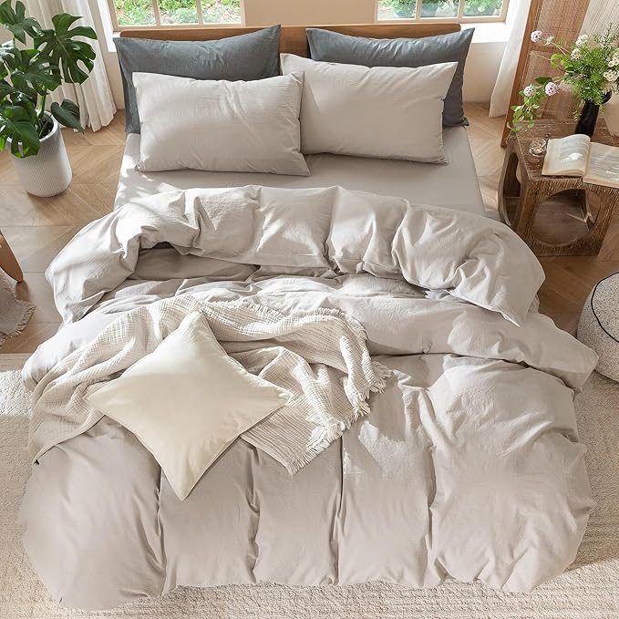 MooMee Bedding Duvet Cover Set 100% Washed Cotton Linen Like Textured Breathable Durable Soft Comfy (Solid Light Tan, Oversized Queen 98"x98")