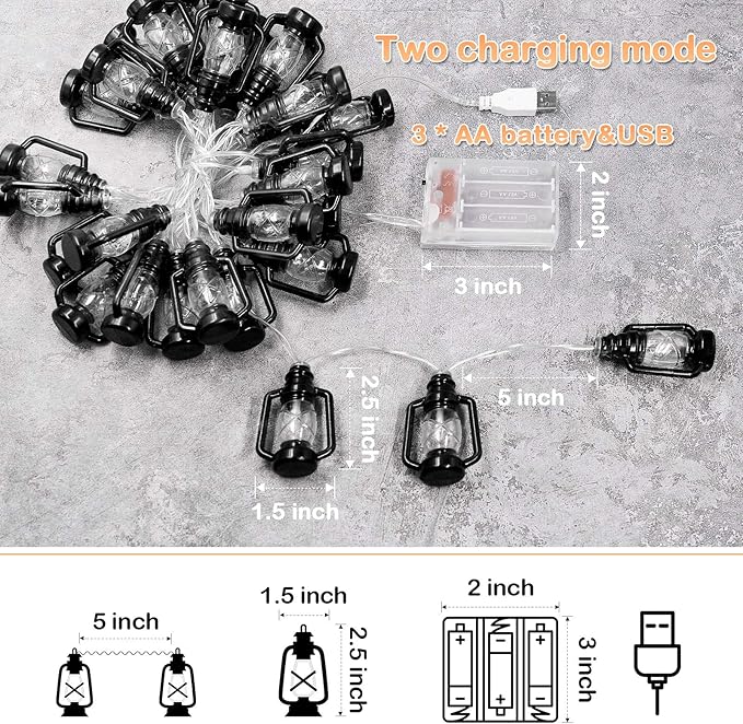 AceList 20 LED Black Lantern String Lights Mini Kerosene Lamp for Indoor Outdoor Patio Garden Holiday Home Ramadan Wedding Party Christmas Tree New Year Decorations(Warm White Light)
