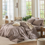 MooMee Bedding Duvet Cover Set 100% Washed Cotton Linen Like Textured Breathable Durable Soft Comfy (Heathered Mauve Brown, Full 80"x90")