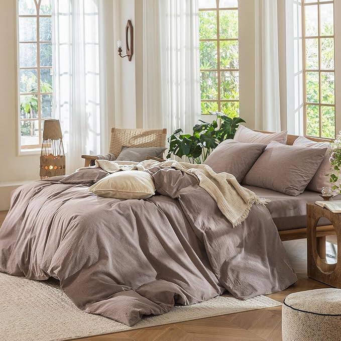 MooMee Bedding Duvet Cover Set 100% Washed Cotton Linen Like Textured Breathable Durable Soft Comfy (Heathered Mauve Brown, Cal King 104"x98")