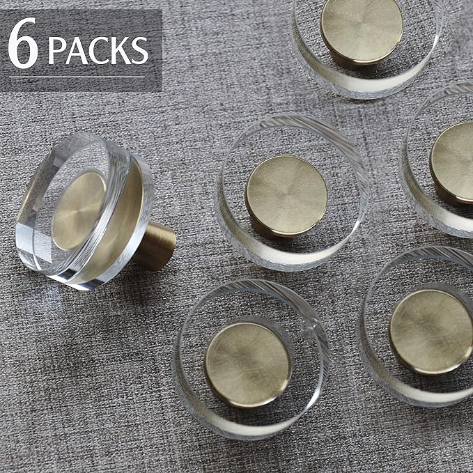 JEREVER 6 Pack Glass Crystal Knobs Brass Drawer Pull Cabinet Handle Gold Furniture Hardware for Dresser Kitchen (Round)