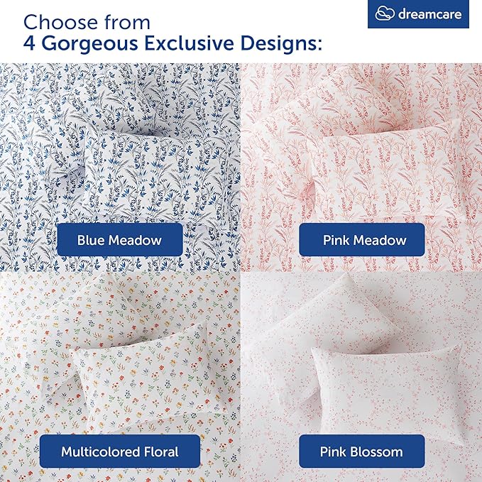 DREAMCARE Queen Size Sheets - Cooling Bed Sheets - 4pcs Set - Queen Sheet Set - Sheets Queen Size Bed - Queen Size Sheet Sets - Soft & Long Lasting 100% Fine Brushed Floral Sheets - Multi Floral