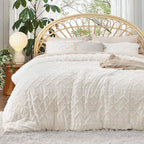 Bedsure Oversized Queen Comforter Set - Ivory Comforter, Boho Tufted Shabby Chic Bedding, 3 Pieces Vintage Farmhouse Bed Set for All Seasons, Fluffy Soft Bedding with 2 Pillow Shams