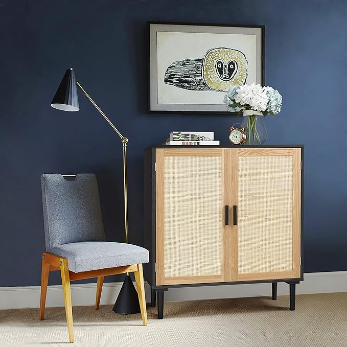 Finnhomy Sideboard Buffet Cabinet, Kitchen Storage Sideboard with Rattan Decorated Doors, Liquor Buffet for Bar, Dining Room, Hallway, Cupboard Console Table, Accent Cabinet, 31.5X 15.8X 34.6 Inches