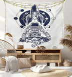 Lunarable Moon Phases Tapestry, Space Shuttle Astronaut in Lotus Position Tattoo Design Yoga Meditation, Wall Hanging for Bedroom Living Room Dorm Decor, 60" X 80", Dark Blue White