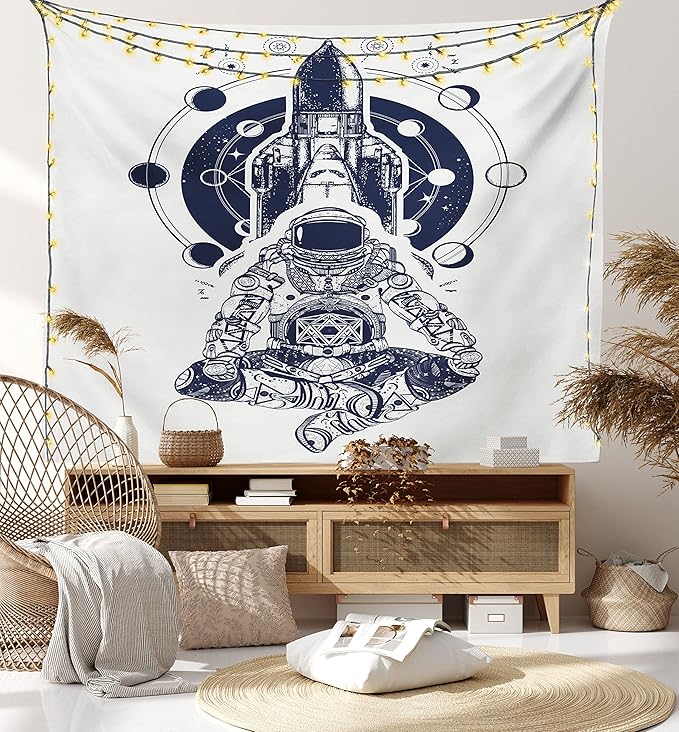 Lunarable Moon Phases Tapestry, Space Shuttle Astronaut in Lotus Position Tattoo Design Yoga Meditation, Wall Hanging for Bedroom Living Room Dorm Decor, 60" X 80", Dark Blue White