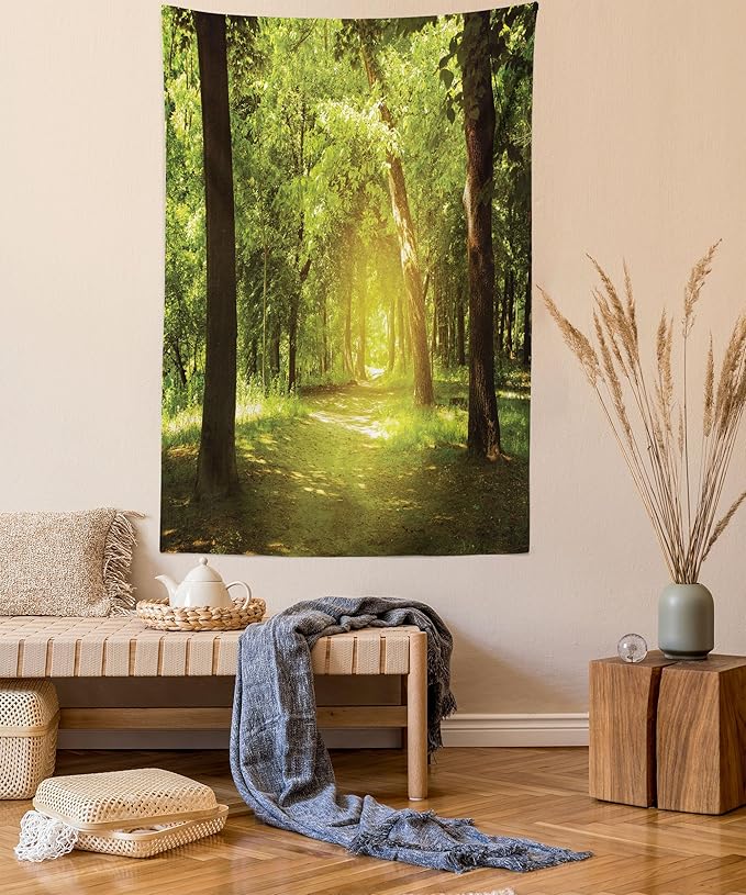 Lunarable Woodland Tapestry Twin Size, Tall Forest Trees Basking in The Morning Peaceful Environment in Green Nature, Wall Hanging Bedspread Bed Cover Wall Decor, Twin Size, Green Chocolate