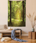 Lunarable Woodland Tapestry Twin Size, Tall Forest Trees Basking in The Morning Peaceful Environment in Green Nature, Wall Hanging Bedspread Bed Cover Wall Decor, Twin Size, Green Chocolate