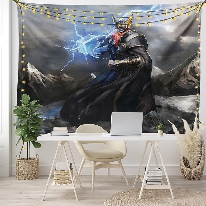 Lunarable Viking Tapestry, Thor Mjolnir and Thunder Flying Over Mountains Angry Warrior from Norse Myths, Wide Wall Hanging for Bedroom Living Room Dorm, 80" X 60", Grey Yellow