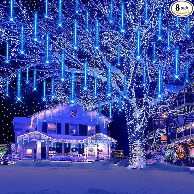 Kwaiffeo Blue Icicle Lights Outdoor, Waterproof Meteor Shower Lights for Christmas Halloween Yard Decorations Outside, UL Plug, 8-Tube