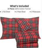 RUVANTI Flannel Sheets King Size - 100% Cotton Brushed King Size Sheets Set - Deep Pockets 16 Inches Bed Sheets - All Seasons Breathable & Extra Soft - Warm & Cozy, 4 Piece, Red Plaid