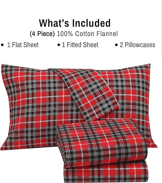 RUVANTI Flannel Sheets King Size - 100% Cotton Brushed King Size Sheets Set - Deep Pockets 16 Inches Bed Sheets - All Seasons Breathable & Extra Soft - Warm & Cozy, 4 Piece, Red Plaid