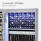 SONGMICS 6 LEDs Mirror Jewelry Cabinet, 47.2-Inch Tall Lockable Wall or Door Mounted Jewelry Armoire Organizer with Mirror, 2 Drawers, Christmas Gift, 3.9 x 14.6 x 47.2 Inches, Gray