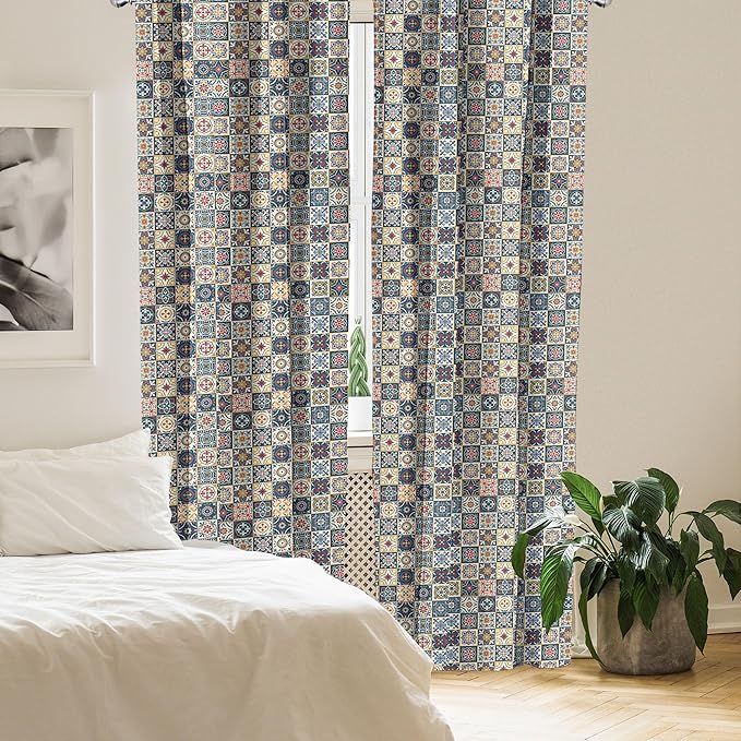 Ambesonne Moroccan Window Curtains, Portuguese Azulejo Checkered Squares Colorful Pattern Floral Arrangement, Lightweight Decor 2-Panel Set with Rod Pocket, Pair of - 28" x 84", Dark Blue Amber Red