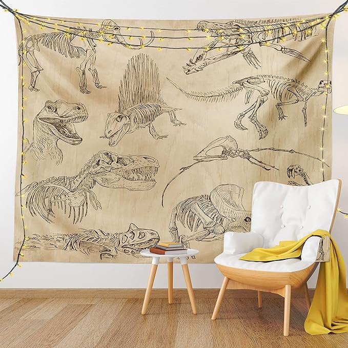 Lunarable Dinosaur Tapestry Twin Size, Hand Drawn Style Skeletons Bones from Medieval Times Archeology Theme, Wall Hanging Bedspread Bed Cover Wall Decor, Twin Size, Sand Brown Army Green