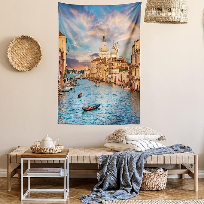 Ambesonne Scenery Tapestry, Gondola on Famous Grand Canal with Romantic View of Italian Architecture Venice, Wall Hanging for Bedroom Living Room Dorm Decor, 60" X 80", Multicolor