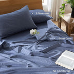 MooMee Bedding Duvet Cover Set 100% Washed Cotton Linen Like Textured Breathable Durable Soft Comfy (Heathered Blue, Oversized King Plus 128"x120")