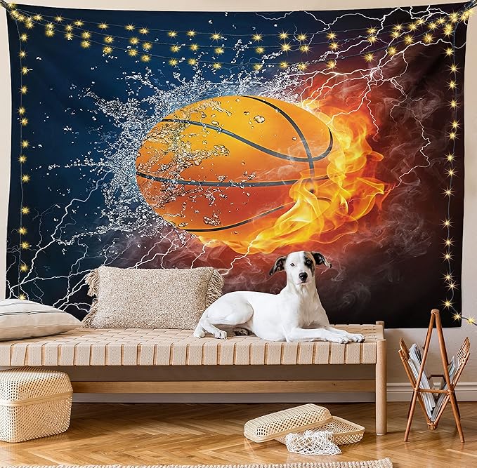 Ambesonne Sports Tapestry, Basketball Ball and Water Splashing Thunder Lightning Themed Design, Wall Hanging for Bedroom Living Room Dorm Decor, 60" X 80", Dark Blue and Burgundy