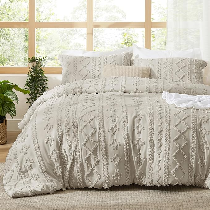 Bedsure Tufted Boho Comforter Set California King Size - Linen Boho Bed Set, GentleSoft™ 3 Pieces Farmhouse Shabby Chic Embroidery Bedding, Gifts for Woman, Soft Jacquard Comforter for All Seasons