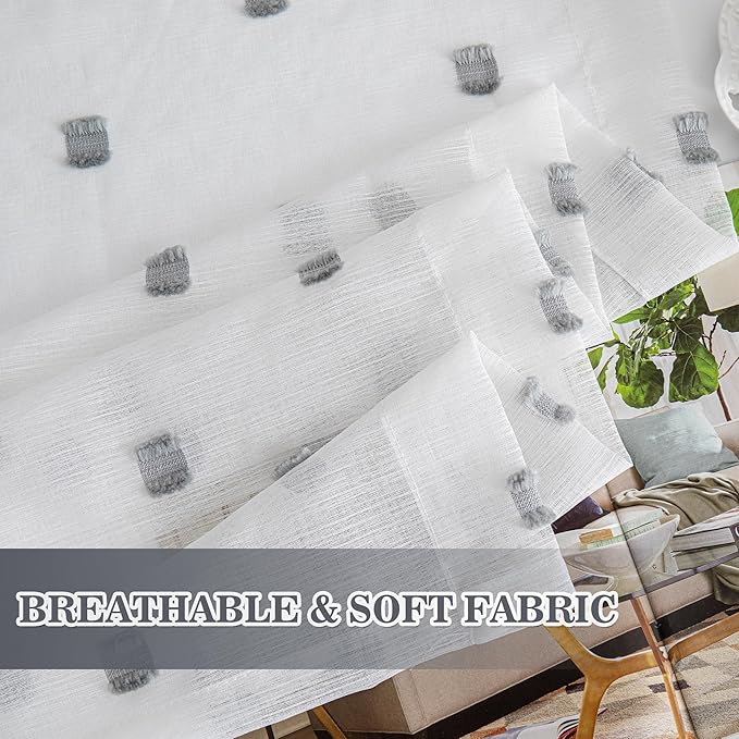 MYSKY HOME White Curtains for Bedroom 84 Inch Length Long Sheer Curtains for Living Room Nursery Curtains with Grey Patched Design Rod Pocket Privacy Window Drapes Dining Room 52" x 84" 2 Panels