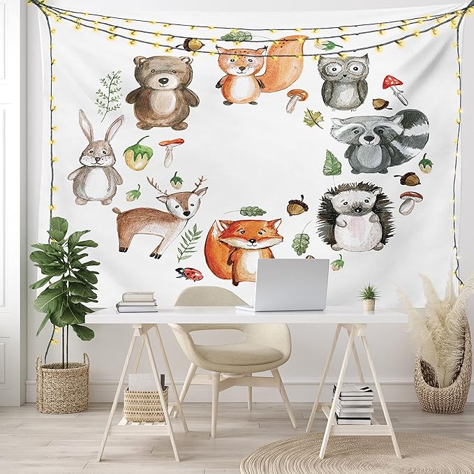 Lunarable Woodland Tapestry, Animals of The Forest Mushrooms Acorns Circular Frame Cartoon Pastel Colors, Wide Wall Hanging for Bedroom Living Room Dorm, 60" X 40", Multicolor