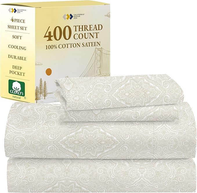 California Design Den California King Sheet Sets - 400 Thread Count Sateen, Natural 100% Cotton Sheets Set, Deep Pocket Cooling and Durable Bedding - Paisley Pattern, Beige