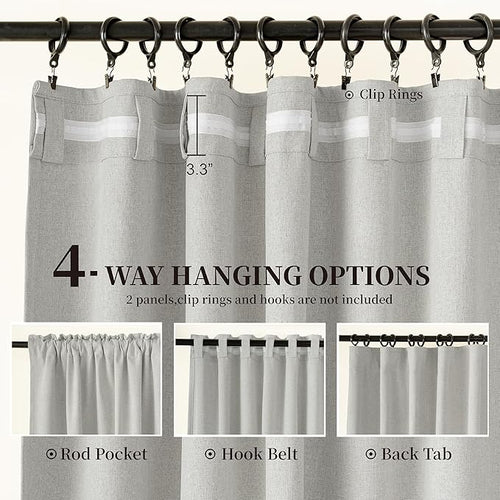72 Inch Wide Back Tab Blackout Curtains 2 Panels, Extra Long Linen Textured Room Darkening Privacy Assured Drapes for Patio Sliding Glass Door, Loop Pocket Pleated Window Curtains, Light Grey,72x108