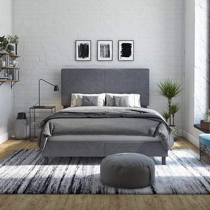 DHP Janford Upholstered Bed, Chic Grey Linen Platform Queen Bed with Modern Headboard, Sturdy Wood and Metal Frame